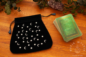 Black Tarot bag in velvet with moons and stars