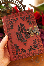 Load image into Gallery viewer, Leather journal - Hand of Hamsa/Fatima - with lock